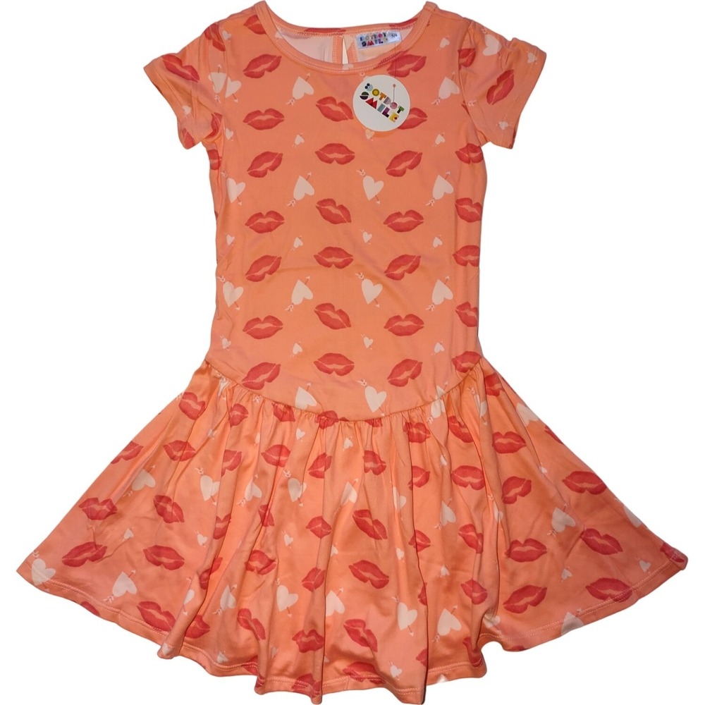 Dot Smile Girls Sz 5 6 Orange Lip Kiss Hearts Flapper Dress Short‎ Sleeve NWT